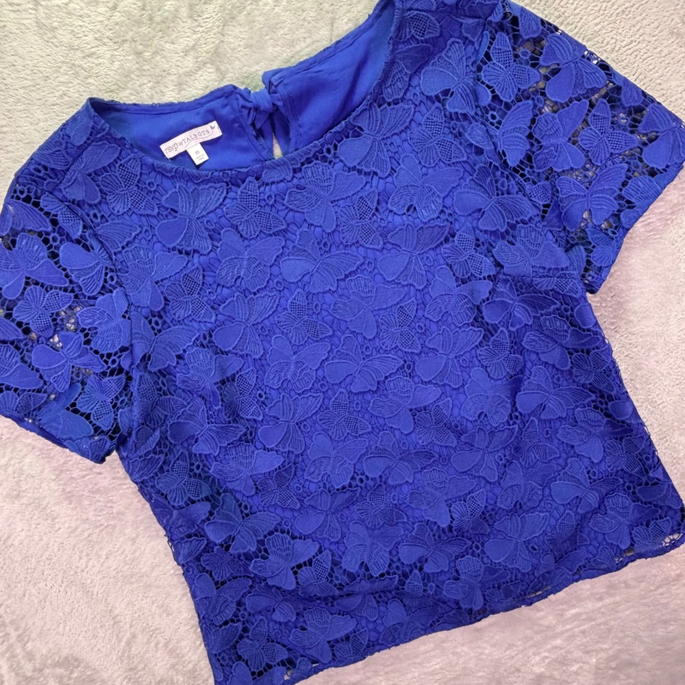 Talbots Women Blouse Sz 10 Blue Butterfly Lace Bow Back Short Sleeve RSVP Top